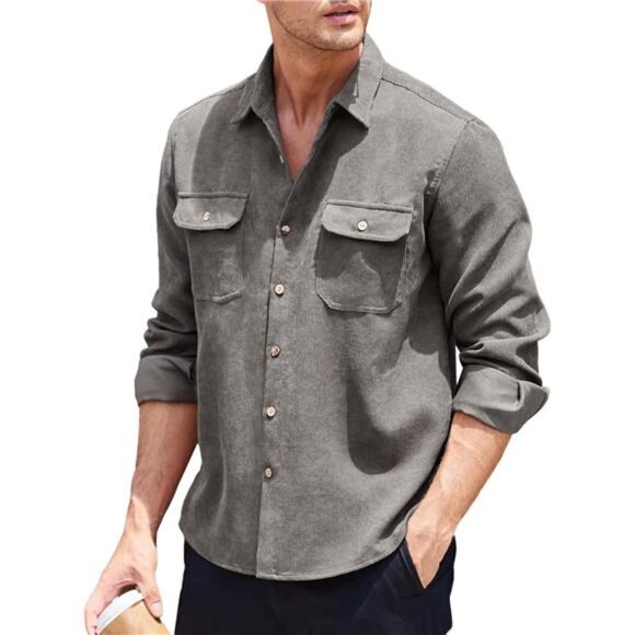 Men's Gray Corduroy Shirt Casual Button Down Polo Jacket Lightweight Shacket - Picture 2 of 5